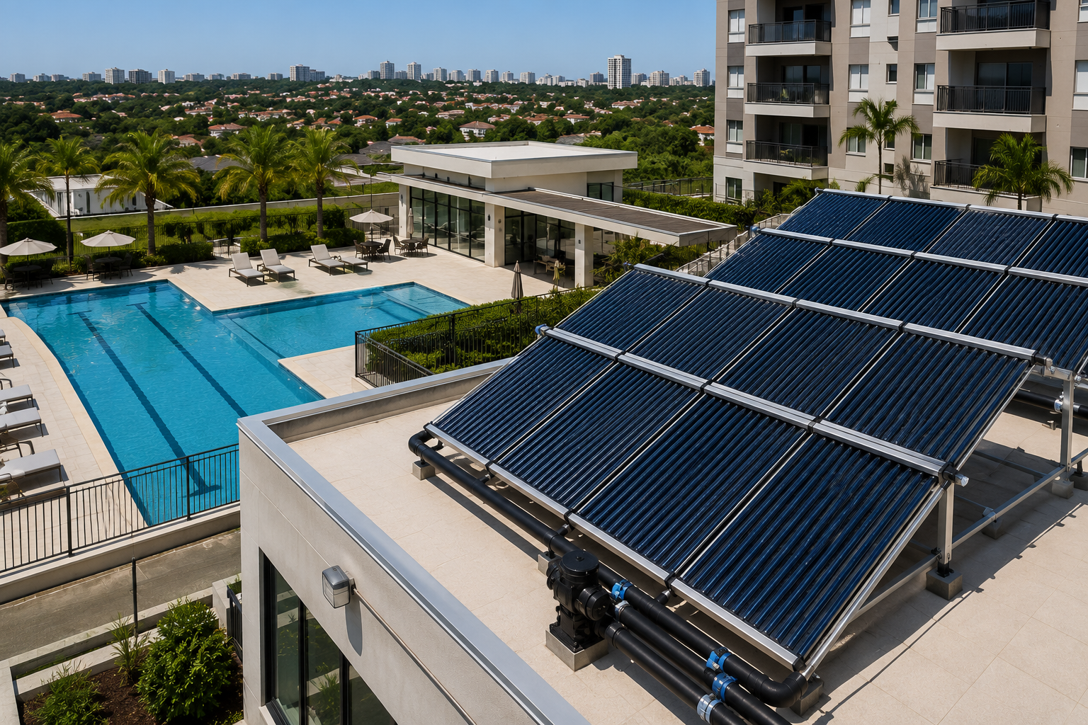 A piscina de condomínio é um dos itens mais valorizados e mais caros de manter aquecida. O aquecimento solar coletivo reduz esse custo de forma estrutural. Entenda o que muda em relação ao sistema residencial.